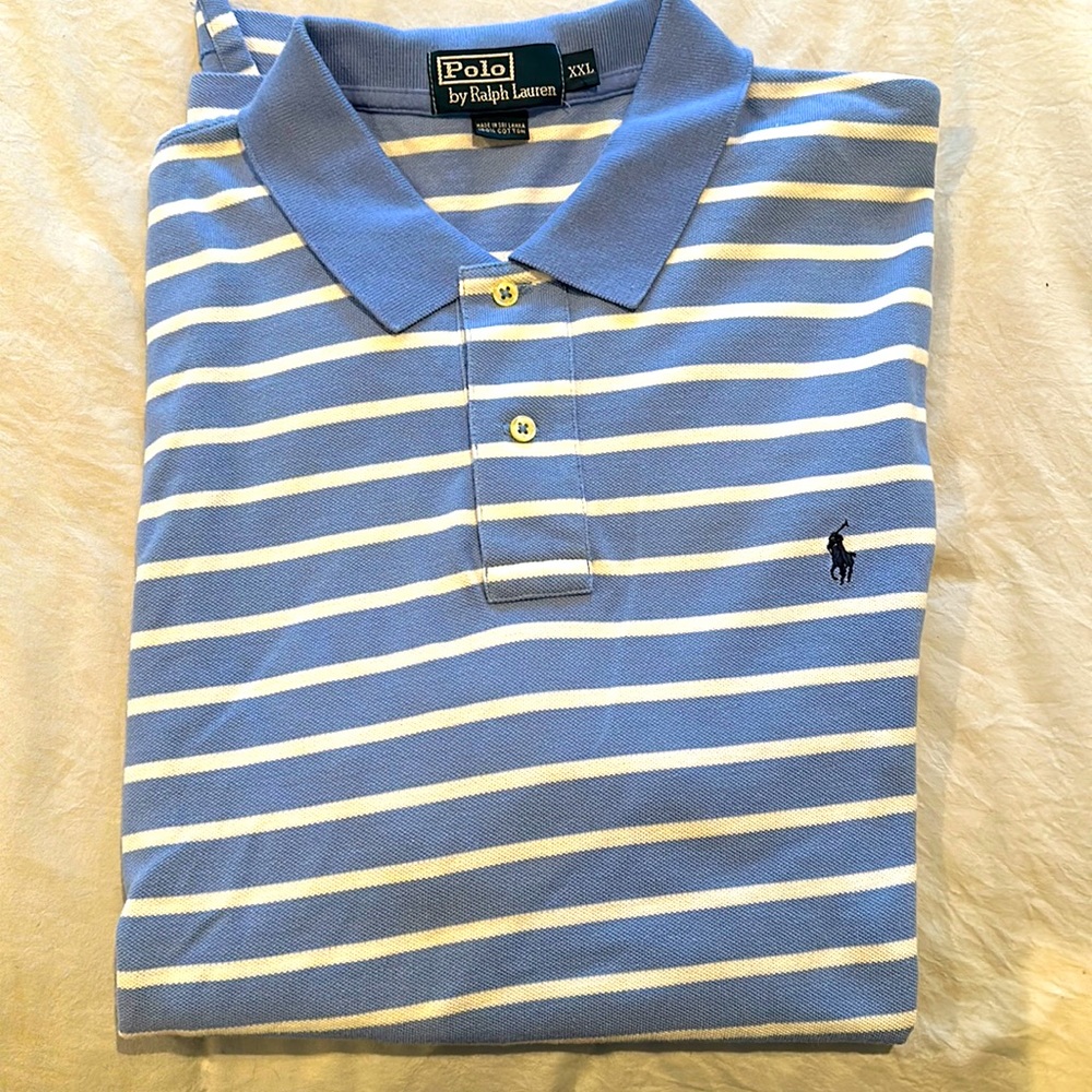 Polo by Ralph Lauren XXL polo shirt.  Light blue with white stripes.  Excellent